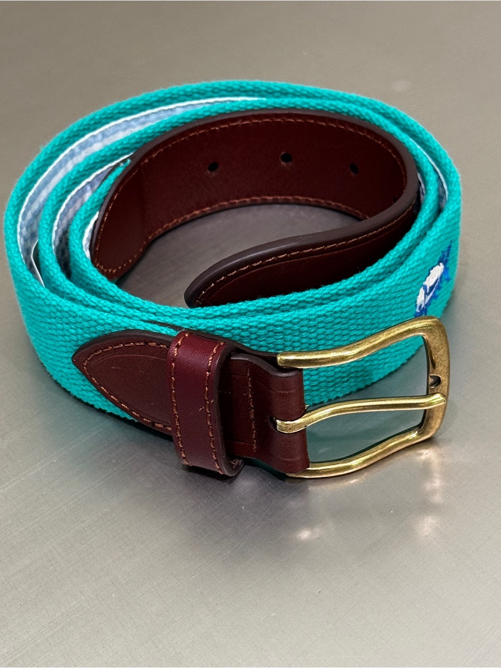 Southern Tide NWT 38 Teal Blue SkipjackEmbroidered Web Belt - Picture 2 of 7